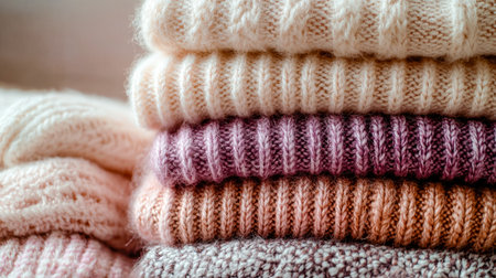 A cozy arrangement of handcrafted sweaters in rich hues and diverse textures, evoking warmth and comfort perfect for autumn or winter fashion displaysの写真素材