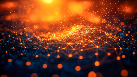 A vivid depiction of a futuristic data web with luminous orange and blue points connecting in a dynamic, high-tech pattern ideal for digital innovationの写真素材