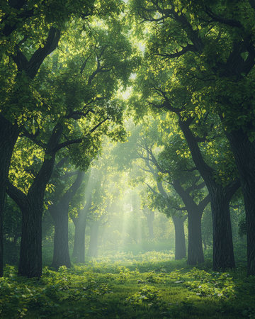 Warm rays of sunlight pierce through vibrant foliage, illuminating a quiet forest opening filled with rich greenery and tranquil natural beauty.の写真素材