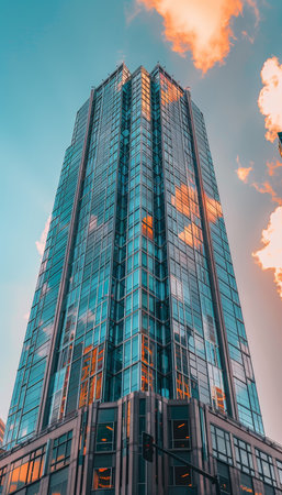 Symmetrical glass high-rise tower in urban city skyline architecture photographyの写真素材