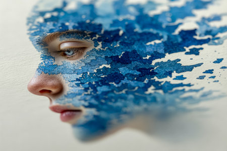 A dreamlike depiction of a woman's visage featuring vibrant blue textured paint strokes, evoking creativity and emotional depth in a captivating compoの写真素材