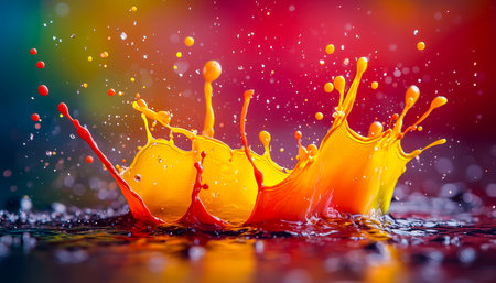 Bright orange and yellow pigments burst across the water's surface, creating dynamic ripples against a lively, multicolored backdrop.の写真素材
