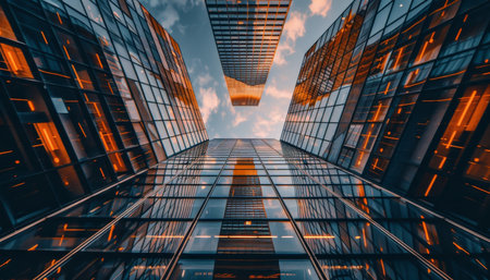 Modern glass building with symmetrical design in city skyline, architectural masterpieceの写真素材