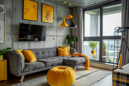 Modern loft living room design with gray sofa and yellow accents - home decor inspirationの写真素材