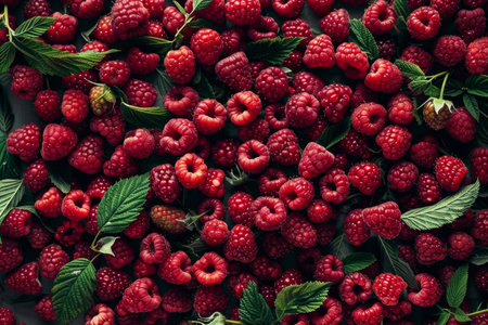 Top view of fresh sweet red raspberries, high quality image with vibrant colorful fruit on displayの写真素材