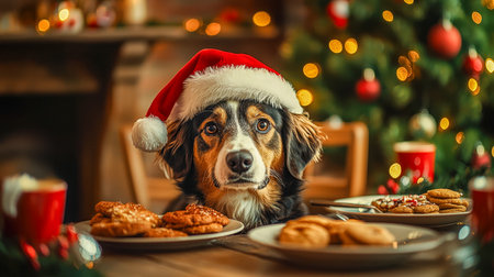 A charming pup dons a cozy Santa hat, seated beside sweet treats and sparkling holiday decor, evoking warmth and joyful festive cheer.の写真素材