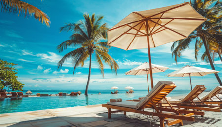 Luxury beach resort. swimming pool, palm trees, beach chairs, and sunny sky vacation backgroundの写真素材