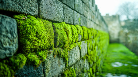 Textured red bricks partially cloaked in lush green moss evoke a rustic, aged charm, set against an out-of-focus natural backdrop.の写真素材