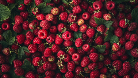 Top view of high-quality fresh red raspberries in high frame, only the freshest sweet raspberries