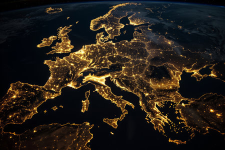Breathtaking aerial view of illuminated europe at night captured from space by nasaの写真素材