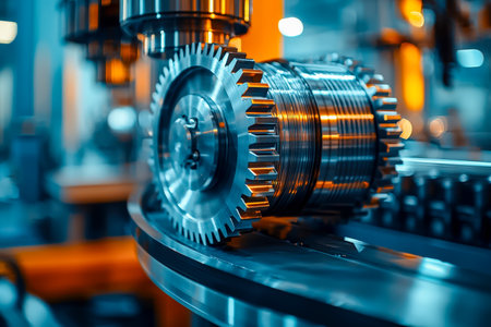 A meticulously crafted metal gear showcases cutting-edge machining precision amidst a high-tech factory environment, emphasizing technical excellenceの写真素材