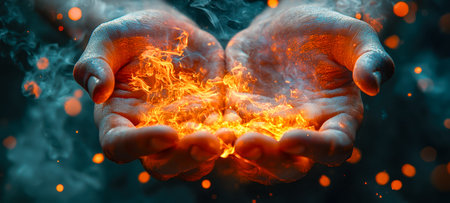 Glowing hands enveloped in flickering flames and swirling smoke evoke themes of vitality, strength,...