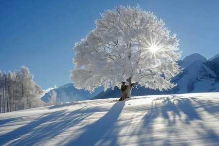 Finnish alpine landscape with frozen tree at dawn, soft colors, magical winter feelの写真素材