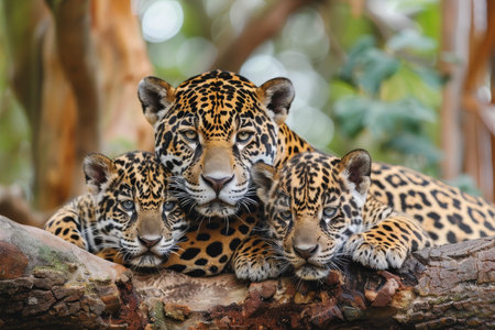 Jaguar family. two cubs with mother - high-quality wildlife image for start-up projects