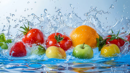 Fresh fruits and vegetables splash in water, healthy food diet concept, on white backgroundの写真素材