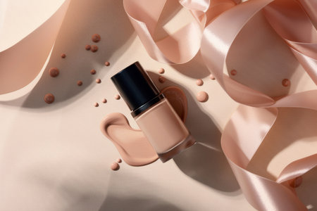 Liquid foundation bottle mockup on bright soft light background with scattered ribbon-like designの写真素材