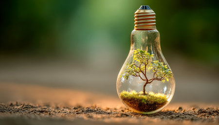 A young sprout emerges from a compact, eco-friendly bulb placed on earthy soil, symbolizing innovation, sustainability, and green technology ideas.の写真素材