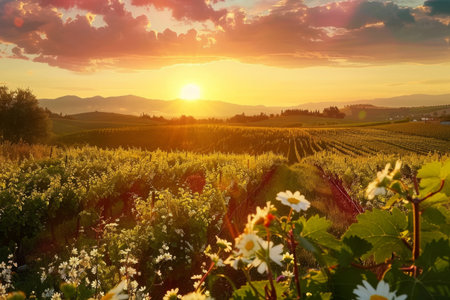 Picturesque summer sunset in a serene vineyard field with stunning lush green vinesの写真素材