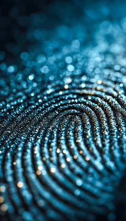 Detailed fingerprint imprint glistens under soft light, set against a dreamy blue bokeh backdrop, evoking themes of security and digital identity.の写真素材