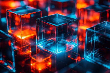 Vivid neon cubes emit fiery red and cool blue illumination, creating a sleek futuristic scene perfect for technology or sci-fi themes.の写真素材