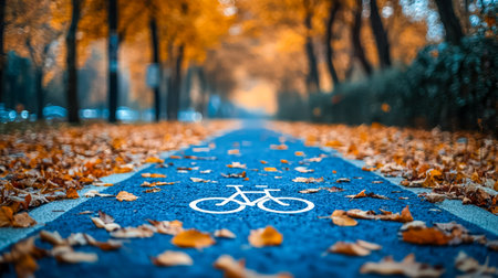 Vibrant fall foliage lines a winding pathway with a designated bike lane, creating a serene outdoor setting perfect for cycling or leisurely strolls.の写真素材