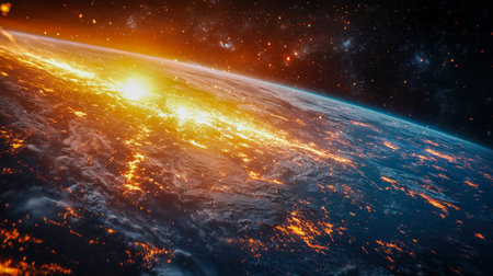 A breathtaking perspective of our planet at dawn, showcasing glowing continents against a backdrop...