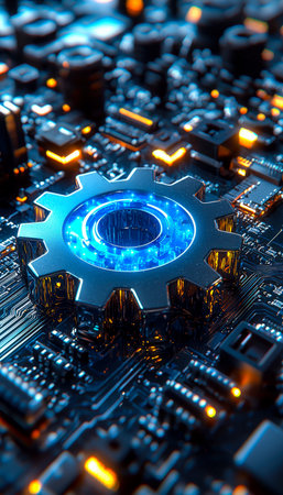 A detailed close-up depicts a cutting-edge circuit board adorned with a glowing blue gear emblem,...