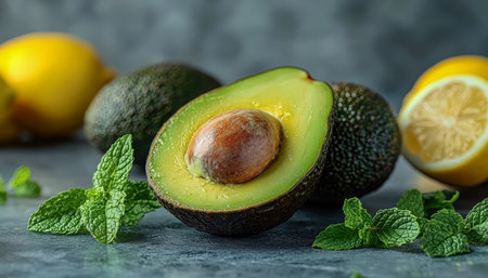 Ripe avocado halves surrounded by zesty lemon slices and fragrant mint sprigs create an inviting, vibrant scene perfect for culinary or health-relatedの写真素材