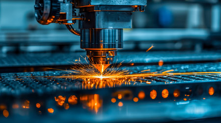 A powerful laser device marks a steel surface with bright sparks, showing precise industrial craftsmanship in a dynamic manufacturing environment.の写真素材