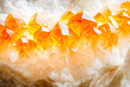 Bright orange and yellow mineral clusters gleam within a dark cave, showcasing crystalline textures...