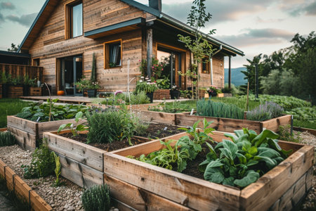 Wooden raised beds with plants and flowers in modern garden near countryside houseの写真素材