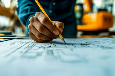 An individual sketching precise building designs on a spacious blueprint, using a vibrant yellow pencil, conveying focus and creative planning in archの写真素材
