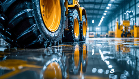 A spacious industrial setting showing oversized yellow tires and equipment, their vibrant hues mirrored on a glossy, rain-kissed concrete surface.の写真素材