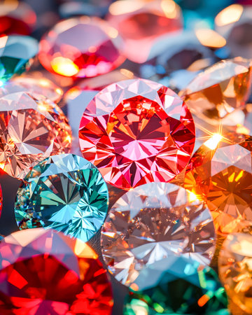 Vibrant, shimmering gemstones arranged to showcase intricate facets and radiant glow, creating a...