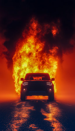 A sleek black suv speeds through a chaotic scene as towering flames and billowing smoke engulf the background, evoking urgency and danger.の写真素材