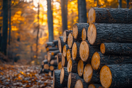 Colorful fallen leaves blanket a rustic pile of timber amidst a lively forest with fiery reds,...