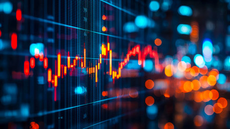 Vibrant digital graph displaying fluctuating trends with illuminated lines and colorful data points, evoking a high-tech financial atmosphere.の写真素材