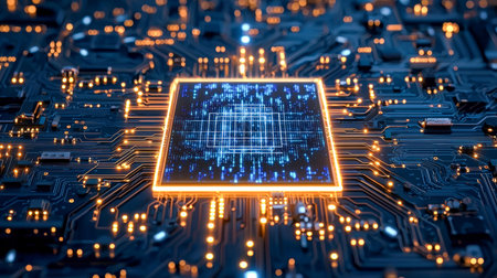 A sleek, high-tech visualization featuring luminous circuit pathways and dynamic data encryption...