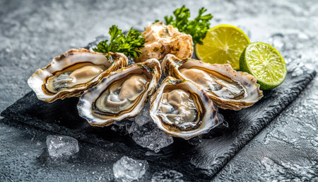 Juicy oysters nestled on a sleek dark stone platter, accented by vibrant lemon and lime wedges and fresh parsley for an elegant seafood presentation.の写真素材