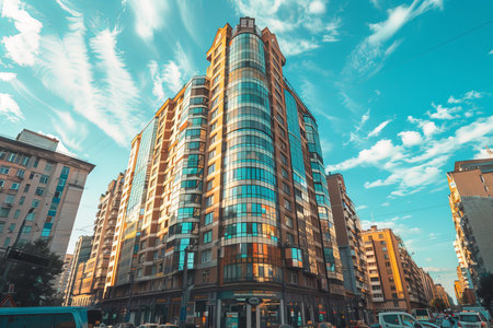 Modern glass tower creates symmetrical urban impression in cityscape skyline view