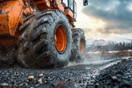 An industrial excavator with rugged tires navigates through wet, muddy terrain, creating splashes...