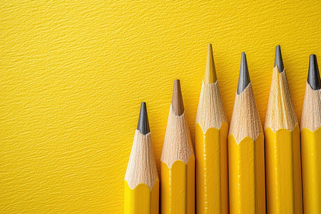 Bright yellow pencils aligned neatly on a matching yellow backdrop evoke creativity and optimism, perfect for design, art, or educational concepts.の写真素材
