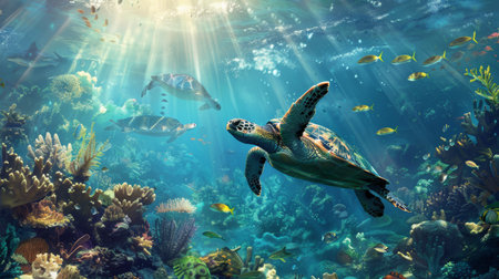 Vibrant underwater photograph featuring diverse marine life and a graceful sea turtleの写真素材