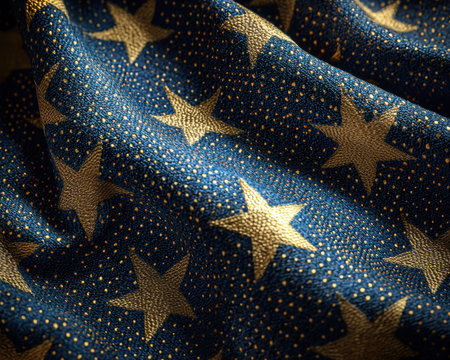 A detailed view of a vibrant blue textile adorned with shimmering gold stars, evoking patriotic...