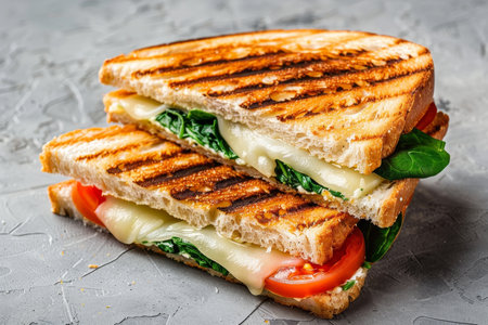 Grilled spinach tomato cheese sandwich on concrete background for healthy eatingの写真素材
