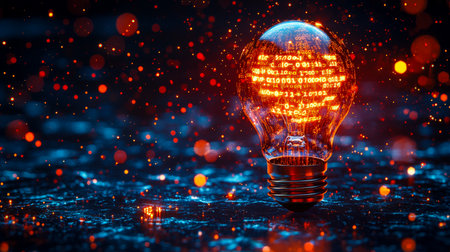 A glowing digital filament in the shape of a lightbulb radiates binary sequences, casting a luminous effect over an intricate data network backdrop.の写真素材