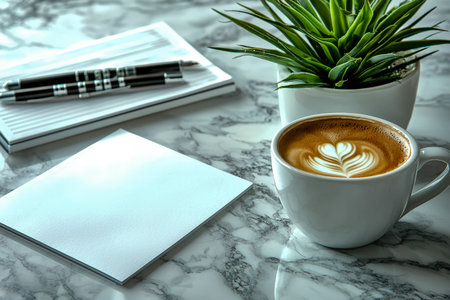 A cozy workspace scene featuring a frothy heart-decorated coffee, assorted notebooks, and a lush potted plant on a polished marble surface.の写真素材