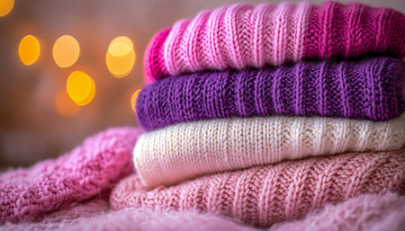 Vibrant winter headwear piled together, set against a backdrop of soft glowing orbs, ideal for festive seasons and cozy fashion displays.の写真素材