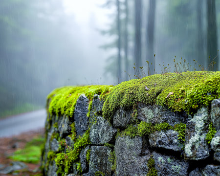 An aged stone barrier draped in lush moss, set amidst a fog-laden woodland, evoking mystery and tranquility in a natural landscape.の写真素材