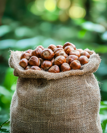 A rustic burlap sack brimming with ripe hazelnuts rests amidst vibrant greenery, evoking a natural, wholesome atmosphere ideal for organic food themesの写真素材